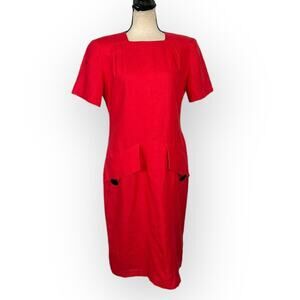 Lanvin Paris Vintage Sheath Dress Women's 40 Red Linen Button Back